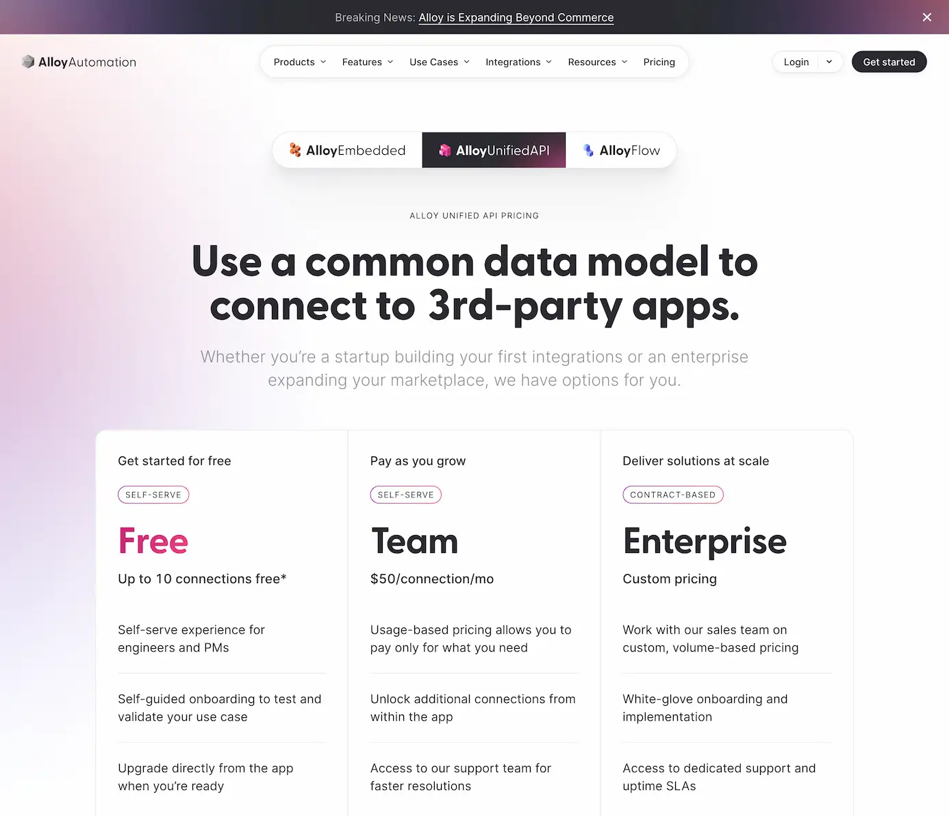 Alloy Automation-Hit one API to build a connected product Use Alloy’s Unified API to quickly prototype, test, and launch integrations at scale — all with a single data schema. Logo