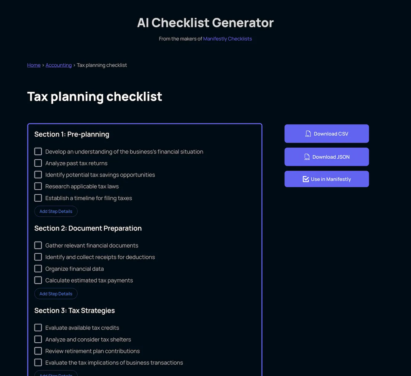 Checklist generator AI-goodbye to manual tasks, diverse industries, streamline processes from tax planning to software development Logo