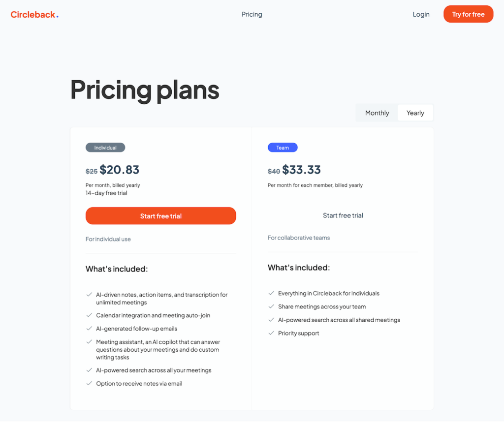 circleback.ai.pricing
