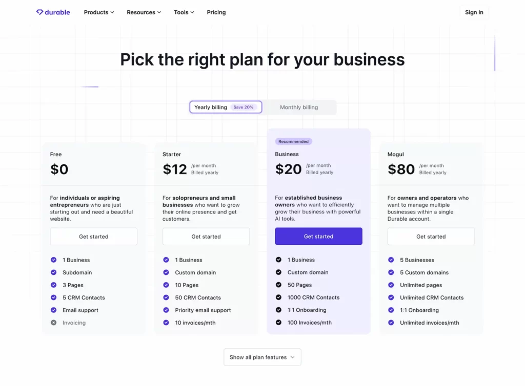 durable.co.pricing.plan.2024