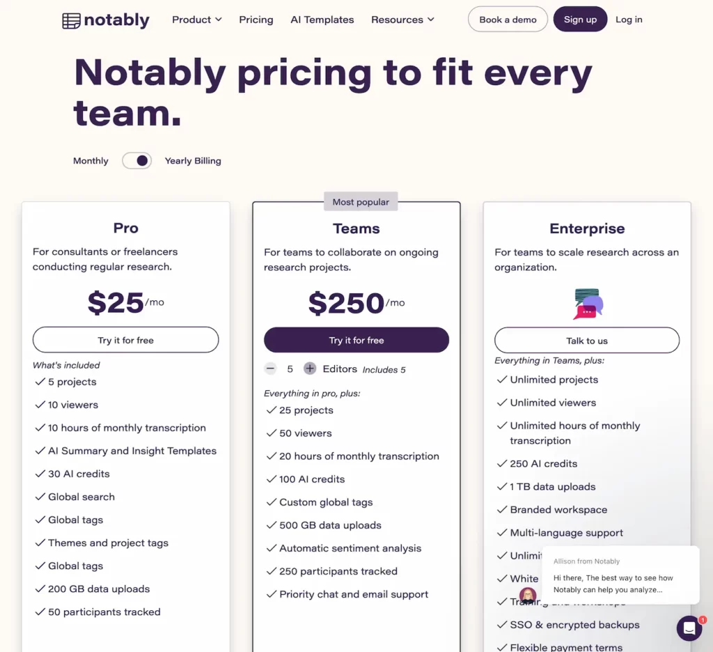 notably.ai.pricing