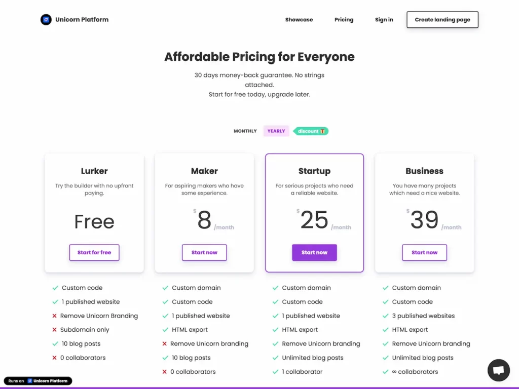 unicornplatform.com.pricing