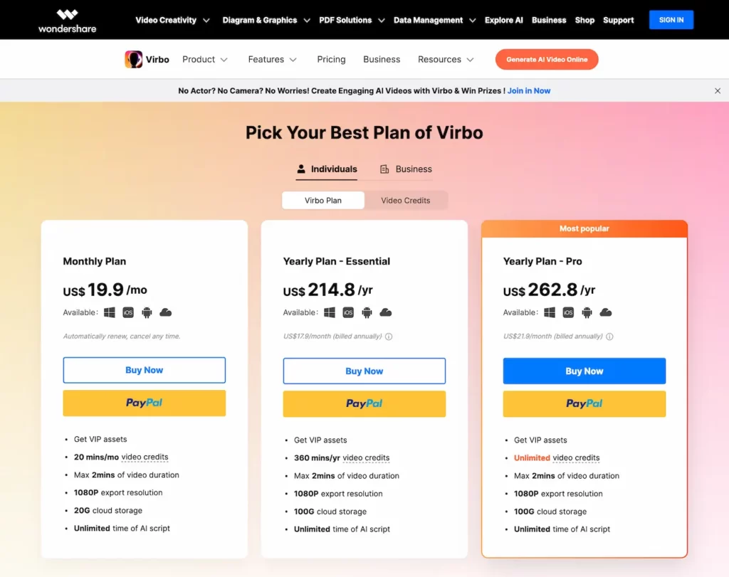 virbo.wondershare.com.pricing