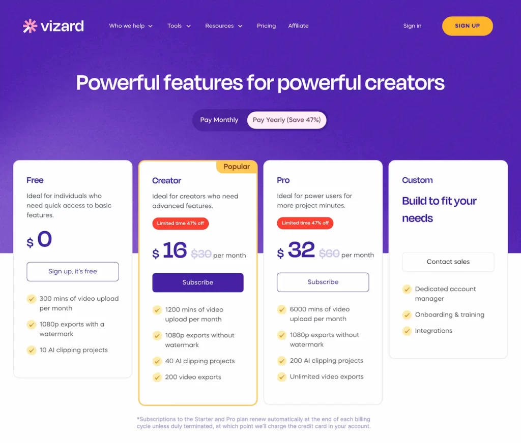 vizard.ai.pricing