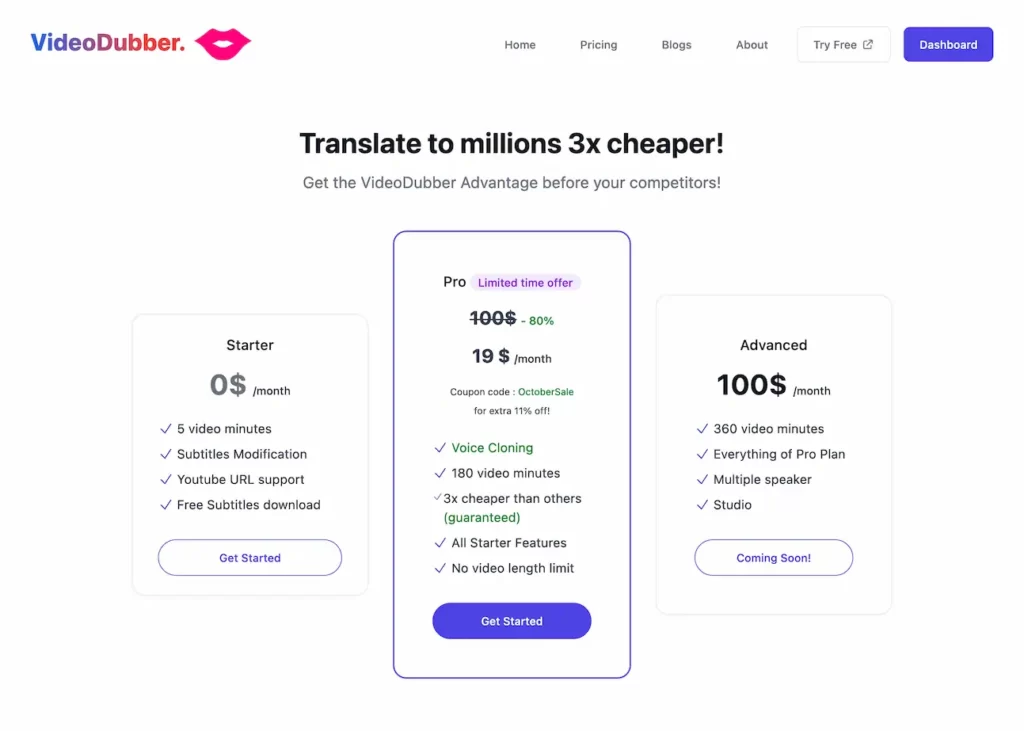 videodubber.ai.pricing